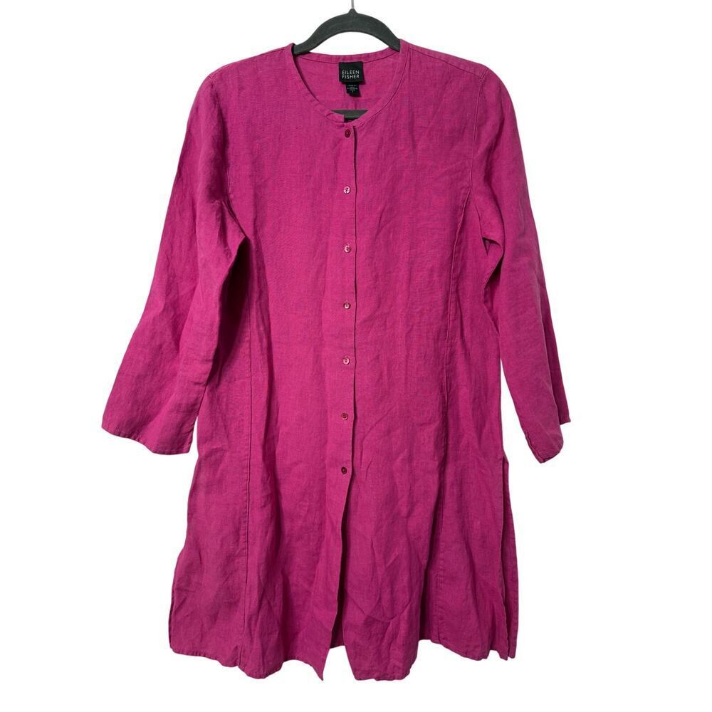 Eileen Fisher Fuchsia Magenta Pink Linen 3/4 Sleeve Button Down Tunic Coverup Sm